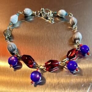 Job’s Tears joined w/red & purple beads on a metal linked bracelet - 8” Long